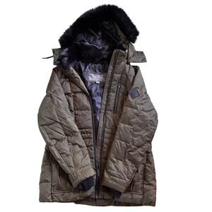 Eddie Bauer Down Puffer jacket women's medium olive green removable hood